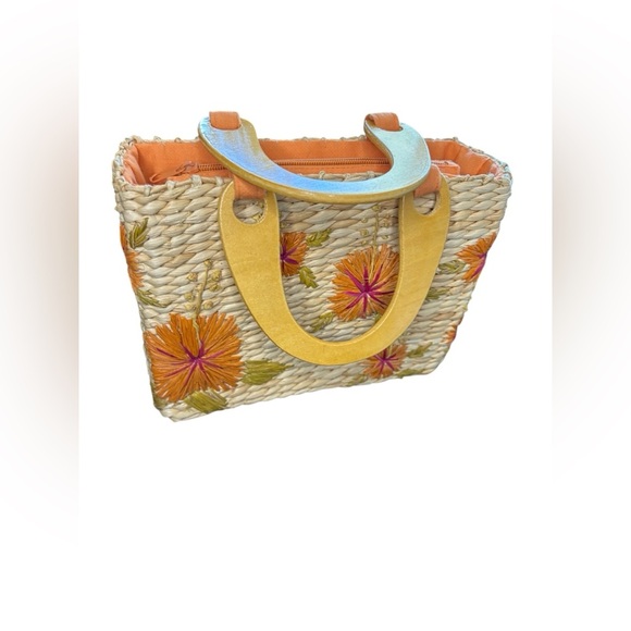 Faded Glory Straw Purse Wood Handles Orange Floral
Print Beachy 7”x 9” - Picture 5 of 8